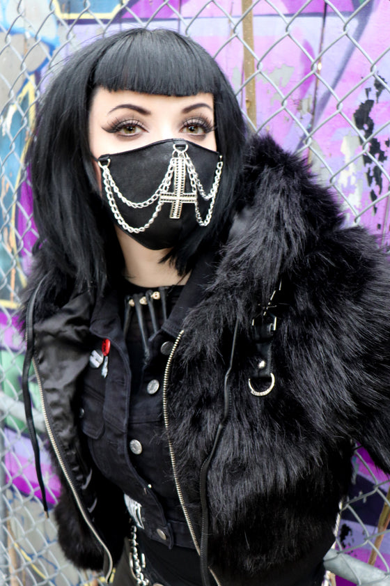 Vegan Leather Chain and Large Upside Down Cross Mask