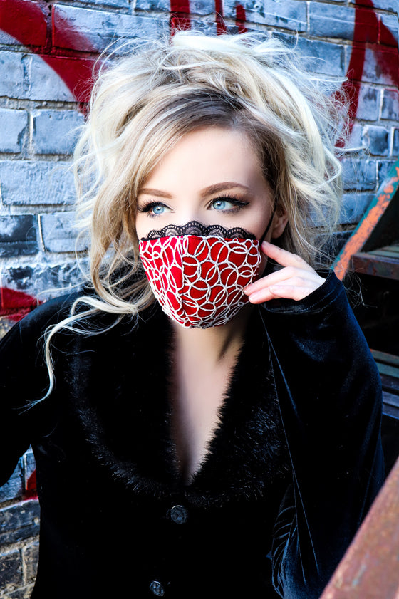 Red Velvet With White Overlay and Black Lace Trim Mask