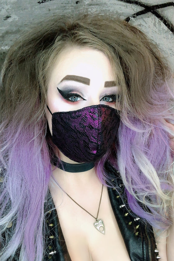 Vegan Leather and Metallic Purple Lace Mask