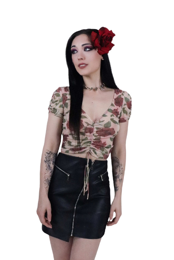 Ruched Mesh Rose Crop Top