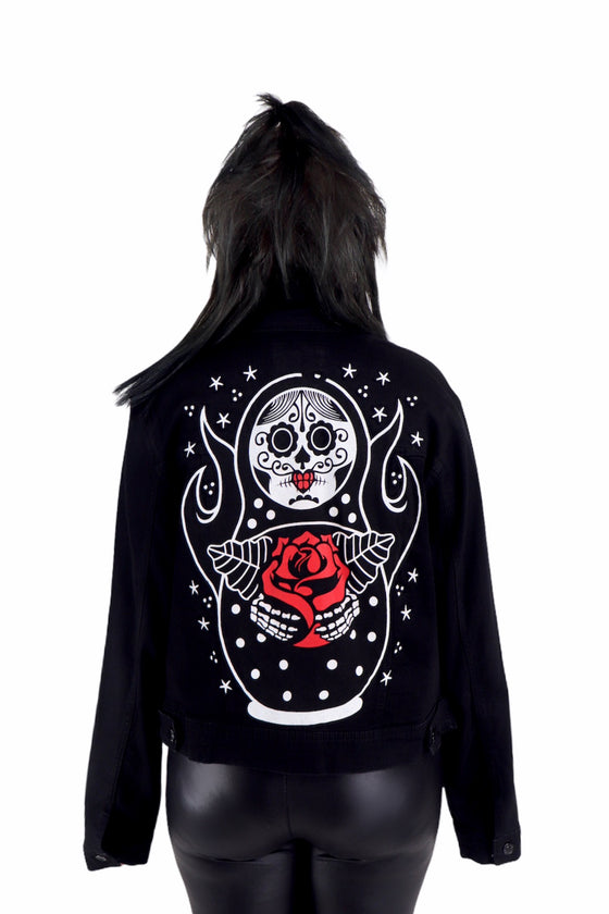 Russian Doll Skeleton Black Denim Jacket