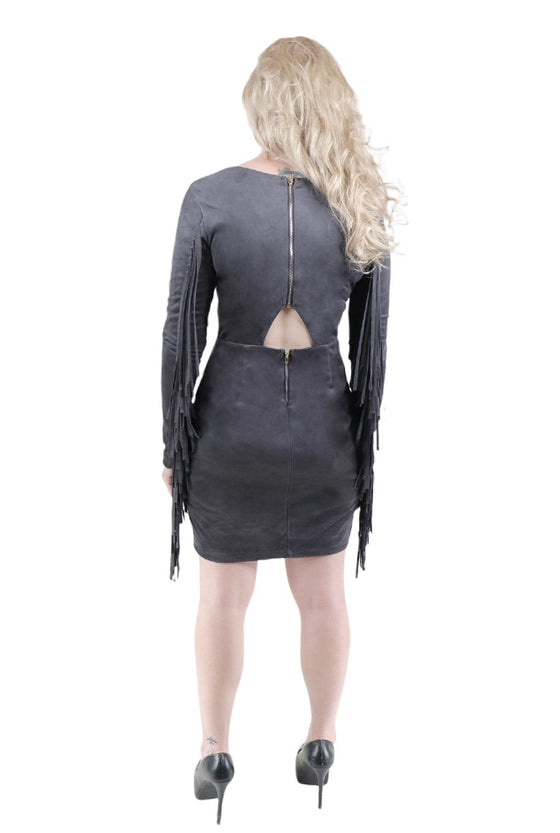 Vegan Suede Long Sleeve Fringe Dress